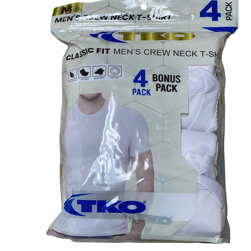 TKO Mens Crew‎ Neck T-Shirt 4 Pack Classic Fit White Polyester Size Medium NWT